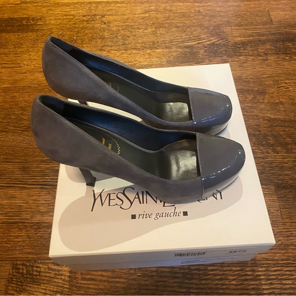 Yves Saint Laurent Rive Gauche Patent Grey/Suede Tribtoo Cap Pumps US 36.5 - Picture 7 of 9